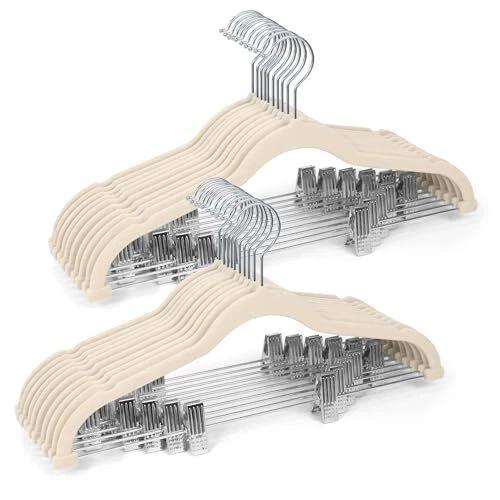 Sishynio Velvet Pants Hangers 20 Pack with Adjustable Clips, Space-Saving Slim Felt Clothes Hangers, Heavy Duty & Non-Slip Flocked Hangers for Pants, Skirts, Dresses and Jeans(Beige)