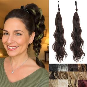 IOVOIMMSL 2 Piece Braid Wig Hair Piece Wavy Curly Scrunchies Synthetic Chignon Ponytail Hair Extensions Thick Updo Hairpieces for Women (Dark Chestnut Brown)