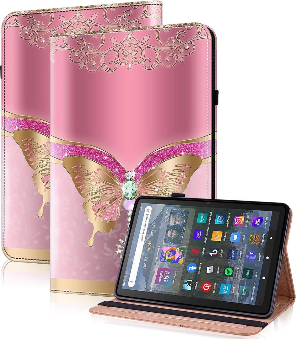 Case for All-New Amazon Kindle Fire HD 8 & 8 Plus Tablet (12th/10th Generation,2024/2022/2020) 8", PU Leather Flip Case with Elastic Band & Card Slots, Multi-Angle Stand Cover - Pink Butterfly (Fire HD 8 & 8 Plus (2022/2020))