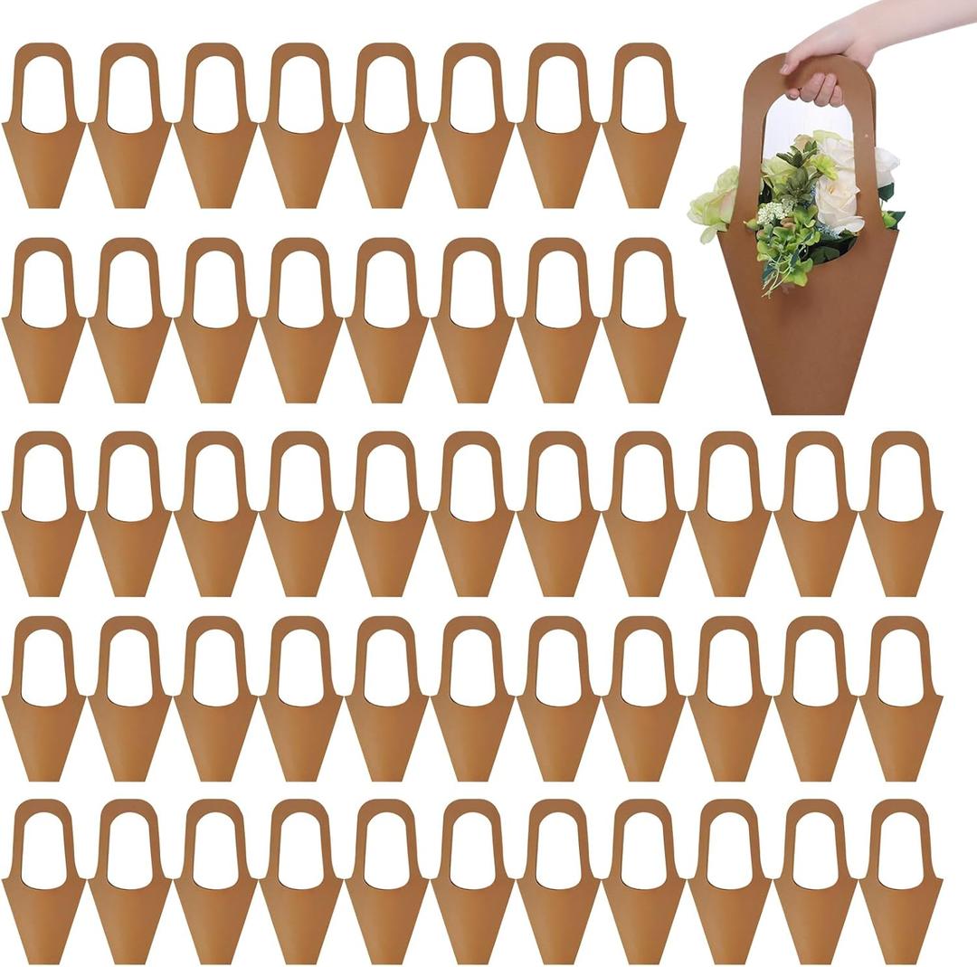Merkaunis 50 Pcs Flower Bouquet Bags with Handle, Kraft Paper Flowers Gift Bags, Paper Brown Creative Cone Flower Sleeves for Flower Arrangement and Home Decoration