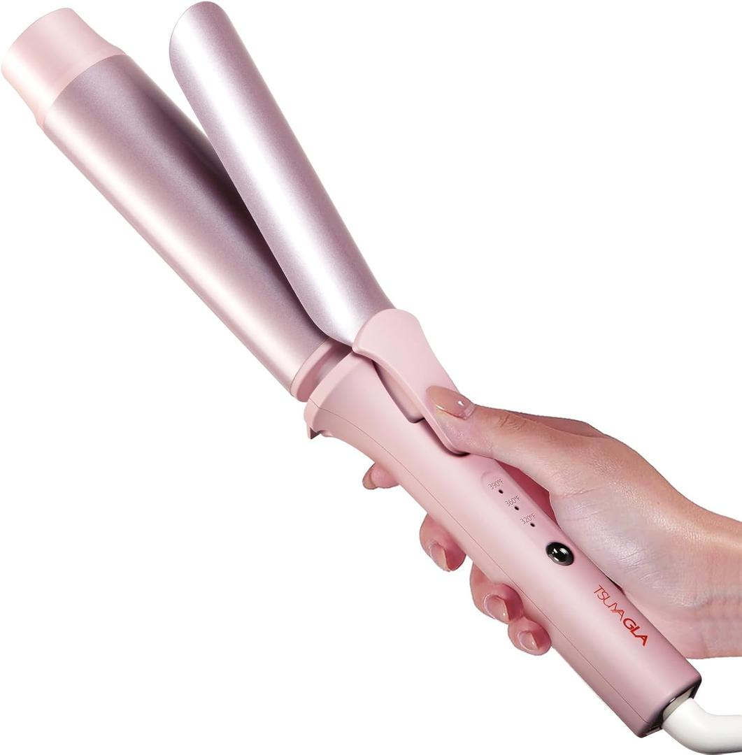 TSUYAGLA Large Hair Curling Wand, 1.6 Inch Big Barrel Curling Iron, 43 Million Ionic Ceramic Curler with 3 Temp, Auto Shut-Off, Long Barrel Curling Wand for Long Hair, Dual Voltage, Pink