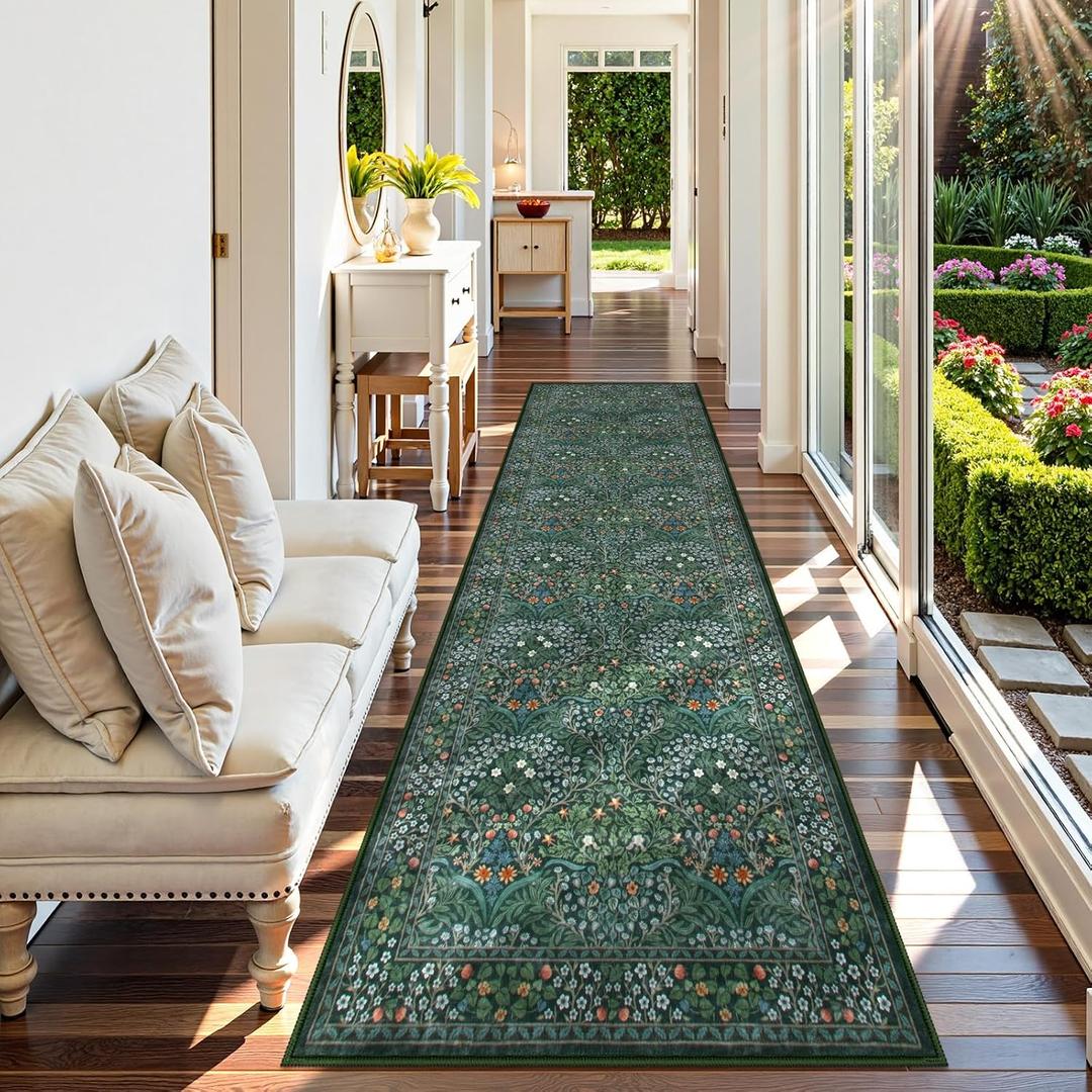 Lahome Floral Hallway Runner Rug Non Slip, 2'6''x10'Soft Washable Runners for Hallways, Ultra-Thin Green Kitchen Runner Distressed Carpet for Entryway Bathroom Giverny, Dark Green, 2.5'x10'