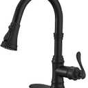 BWE Black Kitchen Faucet with Pull Out Sprayer 3 Spray Modes Farmhouse Single Handle High Arc Kitchen Sink Faucet with Deck Plate Com Bar Pull Down Sprayer