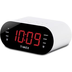 Timex Alarm Clock for Bedroom with FM Radio and 10 Station Presets, Clock Radio with USB Charger, Dual Alarms and Large Display- White