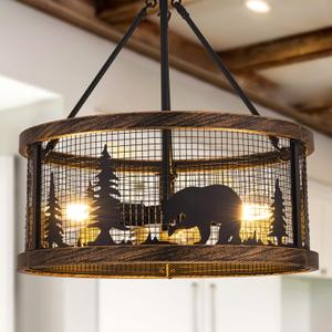TOCHIC Rustic Chandelier for Dining Room, 3 Lights Black Farmhouse Chandelier with Bear Forest, Antique Bronze Western Chandelier, Vintage Chandelier for Bedroom, Living Room, Hallway, Bar, 20" D