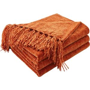 CozeCube Chenille Throw Blanket for Couch, Cozy Plush Fuzzy Decorative Rust Orange Blanket with Fringe Tassels, Lightweight Throws for Bed Sofa Gift Home Decor, 50"X60"