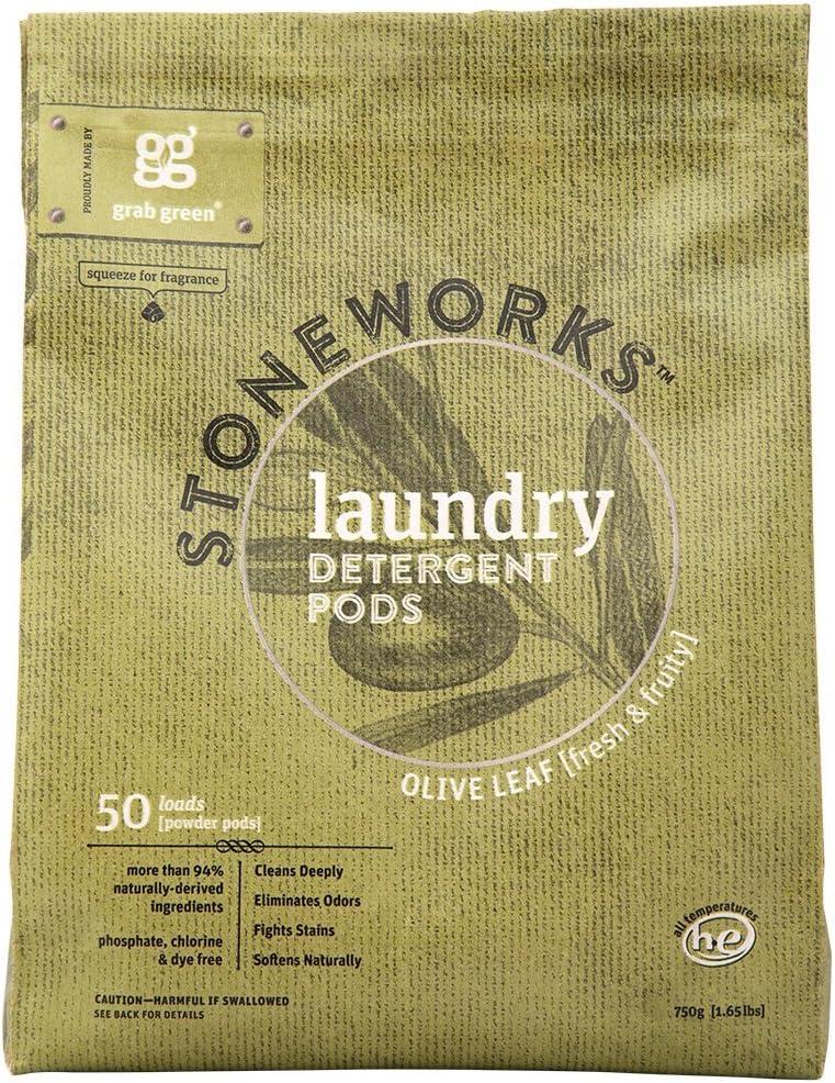 Grab Green Stoneworks Laundry Detergent Pods, Olive Leaf, 50 Loads (Pack of 1) - EPA Safer Choice Certified, Powered by Naturally Derived Plant & Mineral-Based Powder