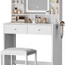 White Vanity with Lighted Mirror, 8 Shelves, 2 Drawers, Charging Station, Hair Dryer Holder & Stool, LED Mirror with 3 Light Modes, 1 Count