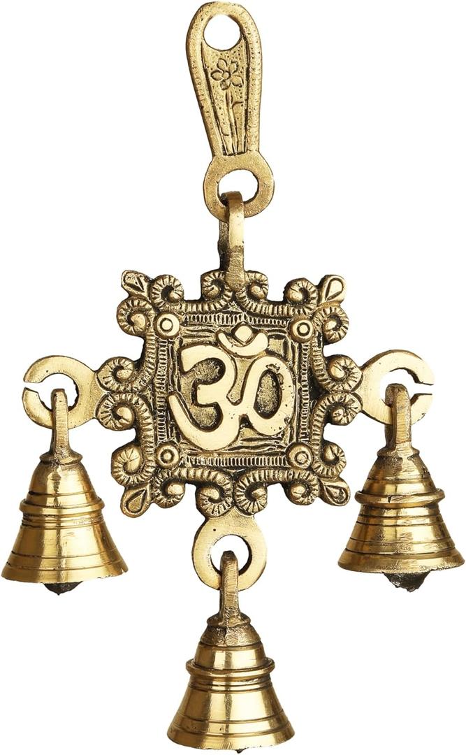 3 Bells Brass Single Om Hanging Hindu Statue for Home Temple Use Statue Hindu Idol Figure with Unique for Door Wall Home Decor Indian Traditional Festival Decoration Housewarming (Size:-7"X4")