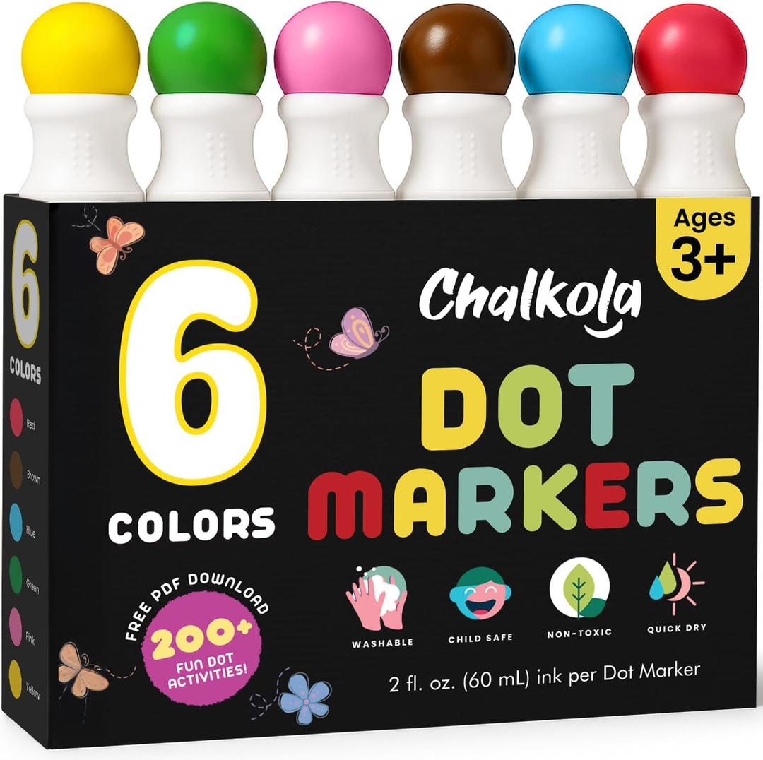 Chalkola 6 Washable Dot Markers for Toddlers 1-3 | Non Toxic Bingo Daubers for Toddlers 2-4 | Preschool, Kindergarten Paint Stamp Markers Set - Dot Art and Crafts Supplies for Kids