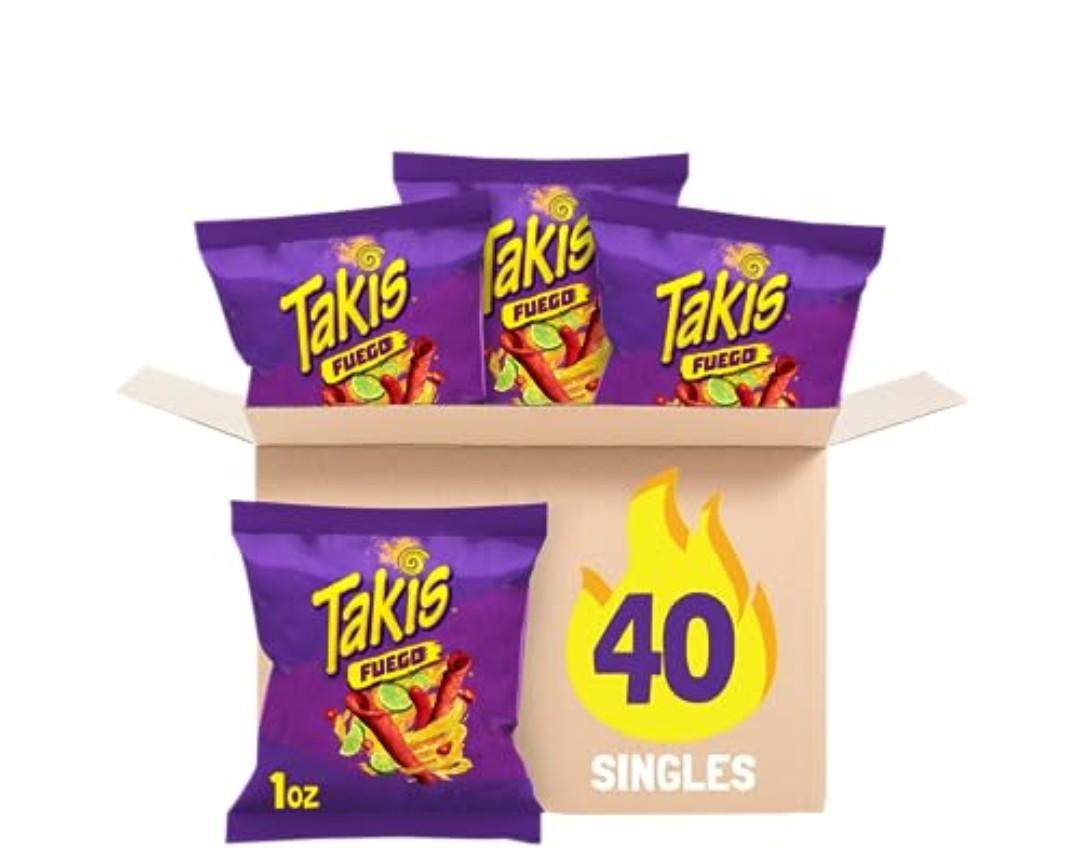 Takis Fuego 40 pc / 1 oz Multipack - Hot Chili Pepper & Lime Flavored Extreme Spicy Rolled Tortilla Chips - Individual Bags, Perfect for Tailgates, Parties, Lunchboxes or Lunches, Best By: 01/15/2026