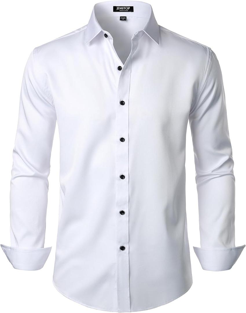 JEMITOP Men's Stretch Wrinkle Free Dress Shirt Formal Prom Wedding Long Sleeve Button Down Shirts (White, M)