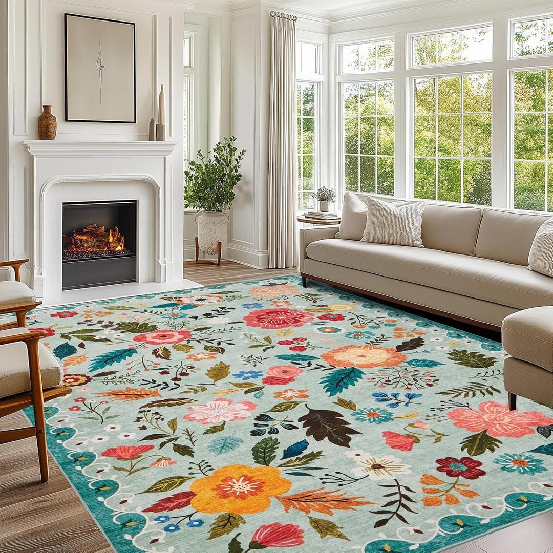 Rug for Living Room, 8X10 Area Rug Floral Vintage Rug for Bedroom Non-Slip Non Shedding Indoor Floor Carpet, Low Pile Foldable Stain Resistant Carpet for Dining Room, Office, Home Decor, Green