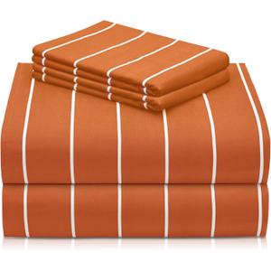 LuxClub 4 PC Sheet Set Bed Sheets Deep Pockets 16" Wrinkle Free Cooling Machine Washable Hotel Bedding Silky Soft - Striped-Autumn Orange King