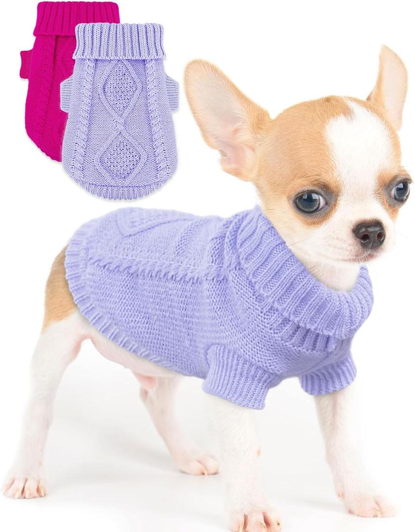 2 Pieces Dog Sweater for Small Dogs Chihuahua Clothes Spring Winter Cute Knitwear Turtleneck Thick Warm Clothes for Yorkie Cat Extra Small Dog Clothes (XX-Small) (plaid Rose+Purple)