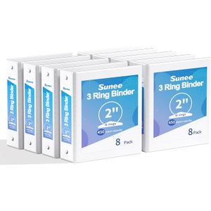 SUNEE 3 Ring Binders 2 Inch 8 Pack, Clear View Binders Three Ring PVC-Free (Fit 8.5x11 Inches) for School or Office Supplies, White