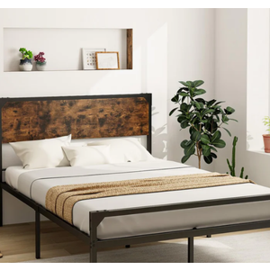 Giantex Full Size Bed Frame with Rustic Headboard & Footboard, Strong Metal Slat Support Mattress Foundation