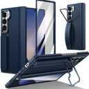 for Samsung Galaxy Z Fold 6 Hand Strap Case, Built-in Screen Protector & Hinge Protection & Camera Cover Kickstand, Military Grade Full Body Shockproof Protective, Blue