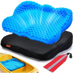 Premium Gel Kayak Seat Cushion, Thickened Non-Slip Waterproof Seat Pad, Breathable Universal Fit for Canoe Fishing Boat, Portable Washable Kayak Accessories, with Safety Travel Flag - Blue, L-16.9*14.5*2.75in