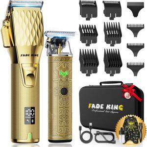 FADEKING Professional Hair Clippers & Beard Trimmer Set for Men  Cordless Barber Clippers with LCD Display, Precision Trimmer & Travel Case  Gifts for Men Husband Father (Gold + Bronze)