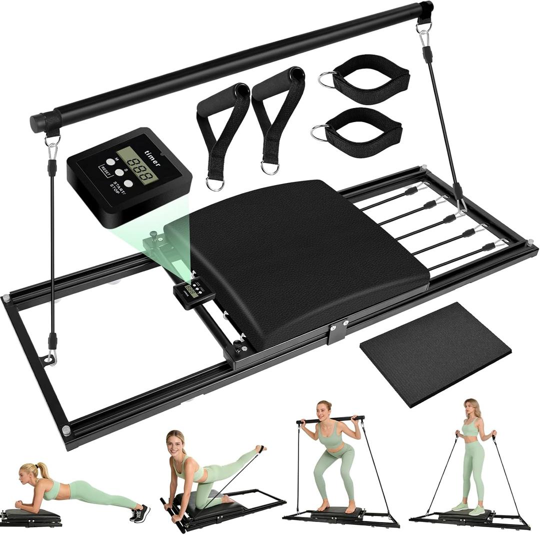 Pilates Board, Foldable Pilates Reformer Set, Multi-Purpose Iron Extended Pilate Equipment, 7-in-1 Pilate Machines for Home Use, with Pilates Bar, Resistance Bands, Timers