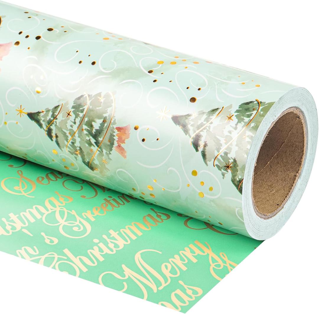WRAPAHOLIC 30 Inch Jumbo Reversible Green Christmas Wrapping Paper - 30 Inch x 33 Feet - Watercolor Green Christmas Tree Wrapping Paper with Metallic Foil Shine for Holiday, Party, Celebration