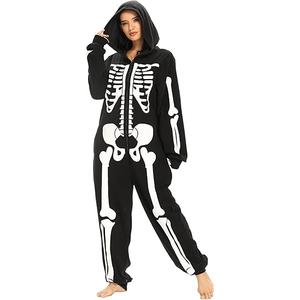 Kofero Skeleton Costume Women Adult Halloween Costume Plus Size Cozy Jumpsuit Pajamas Onesie for Girl Cosplay Party Black 2XL