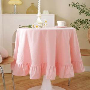 HAIRUO Cotton Linen Table Cloths Retro Farmhouse Heavy Fabric Table Cover Pink White Washable Table Top for Parties Coffee Kitchen Picnic Round Table Cloth (Pink,Round, 40")