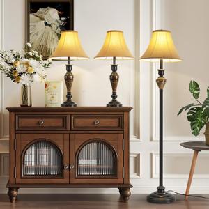 3 Piece Living Room Lamps, Vintage Table Lamp and Floor Lamp Set of 3, Stable Iron Base with Brown Fabric Shade for Bedroom Reading Room Office