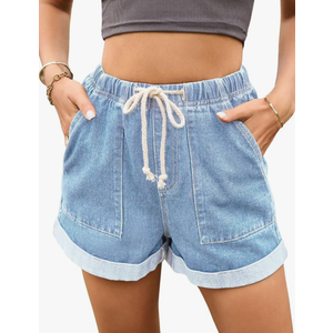 Kwoki Women's Drawstring Elastic Waist Denim Shorts Casual Trendy Lightweight Comfy Short Pants with Pockets, XL