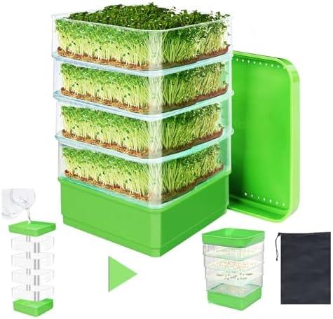 PHAIN 4-Tier Seed Sprouting Kit with Drain Holes and Drain Tray, Upgrade Stackable Microgreens Fresh Organic Bean Seed Sprouter Tray Ripple Soil-Free Sprouter Tray for Beans Alfalfa Seeds