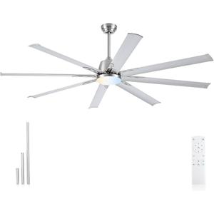 72 lnch lndustrial Celing Fan with Light and Remote Control, Large Celing Fan with 8 Brushed Nickel Aluminum Blades, 6 Speed Noiseless DC Motor, Wet Rated Indoor Outdoor Ceiling Fans for Patio, Garage