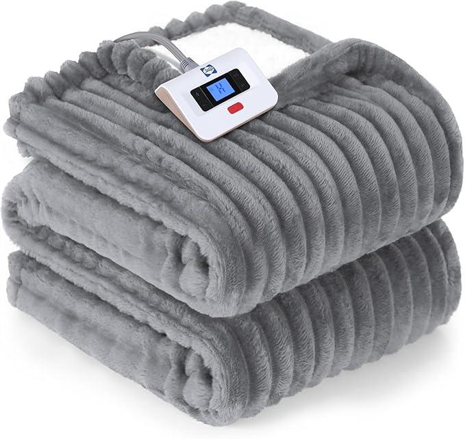 Electric Blanket Full Size, Soft Ribbed Flannel to Sherpa Reversible Heated Blanket with 10 Heat Settings & 1-12 Hours Auto-Off Overheat Protection, Machine Washable, 80"x80" Light Grey