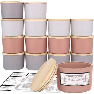 CONNOO 15 Pack 4oz Spring Glass Candle Jars with Airtight Bamboo Lids for Making Candles, Bulk Small Wide Mouth Empty Candle Containers with Sticky Warning Labels - Dishwasher Safe