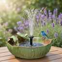 Large Ceramic Bird Bath Bowl with Solar Powered Fountain, Solar Bird Bath Fountain for Outdoors, Hummingbird Solar Water Fountain for Bird Bath, Tabletop Garden Bird Bath for Patio Yard Outdoor Décor