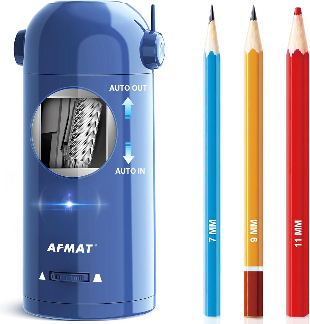 AFMAT Electric Pencil Sharpener for Colored Pencils 7-11.5mm, Fully Automatic Pencil Sharpener, Robot Pencil Sharpener, Rechargeable Hands-Free Pencil Sharpener for Large Pencils, Home, Classroom (Blue)