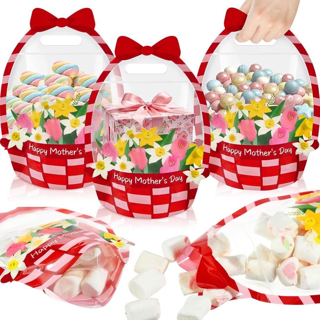 Hsei 25 Pcs Mothers Day Zipper Bags Treat Bags Resealable Happy Mother's Day Plastic Clear Sealing Pouches with Handle for Moms Party Goodie Candy Cookie Gift Supplies