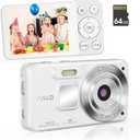 4K Digital Camera for Teens, FHD 64MP Digital Camera for Kids with 64GB SD Card, 18X Digital Zoom Cameras for Photography, Point and Shoot Video Camera for Kids, White