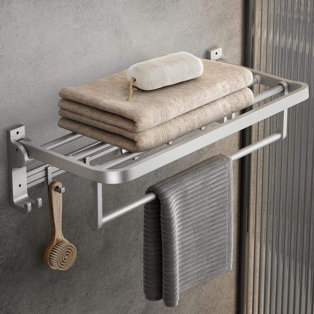 MUSTORN Towel Rack Wall Mount for Bathroom with Towel Bar and Hooks 23.6 in Foldable Towel Shelf Lavatory Towel Organizer Matte Silver