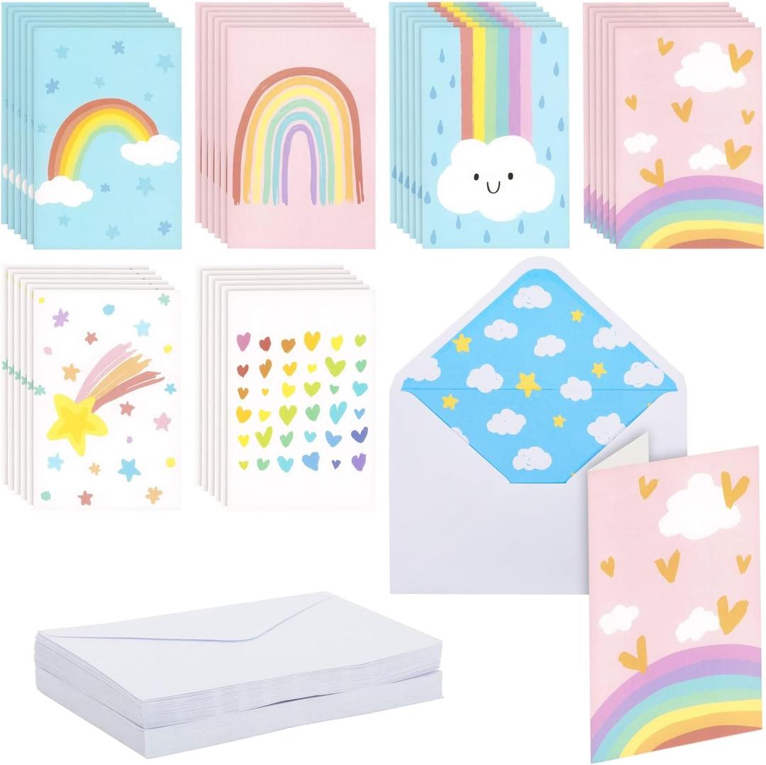 Paper Junkie 48 Pack Rainbow Cards with Envelopes for Thank You, Baby Shower, Birthday, and Kid Stationery Set (Pastel, 4x6 In Thank You Cards With Envelopes)