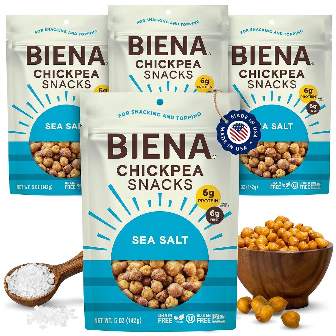 BIENA Chickpea Snacks - Crunchy Roasted Chickpeas - High Fiber Vegan Protein Snacks for Adults and Kids - 4-Pack, 5 Ounce Bags - Sea Salt, BBD:05/28/2027