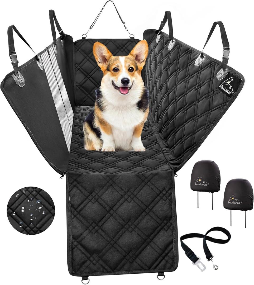Meadowlark Dog Seat Covers Unique Design & Entire Car Protection-Doors, Headrests & Backseat. Extra Durable Zippered Side Flap, Waterproof Pet Seat Cover + Seat Belt & 2 Headrest Protectors, I0113671