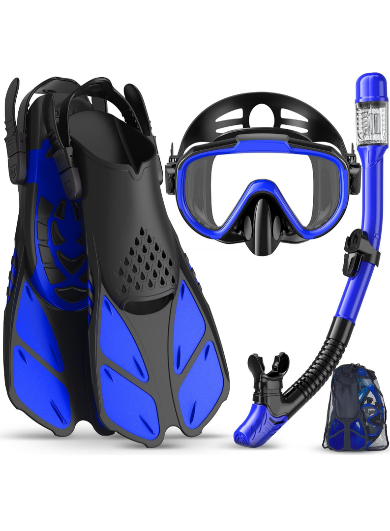Snorkeling Gear for Adults Men Women,4 in 1 Snorkel Set with Panoramic View Diving Mask Anti-Fog Anti-Leak,Dry Top Snorkel,Fins and Travel Bag for Swimming,Snorkeling and Travel Diving
