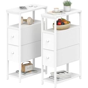 KLUVIS Narrow Nightstands Set 2 - Skinny Side Table Slim Night Stand for Small Space Bedroom Thin Bedsides Tables with 2 Drawers, White