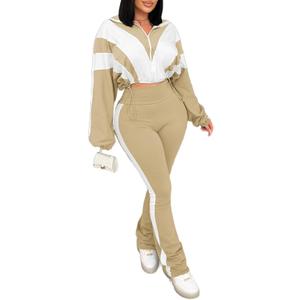 Vssjavun Women 2 Piece Outfit Color Block Long Sleeve Zip Drawstring Cropped Jacket Bodycon Long Pants Set Sweatsuit (Beige, XL)