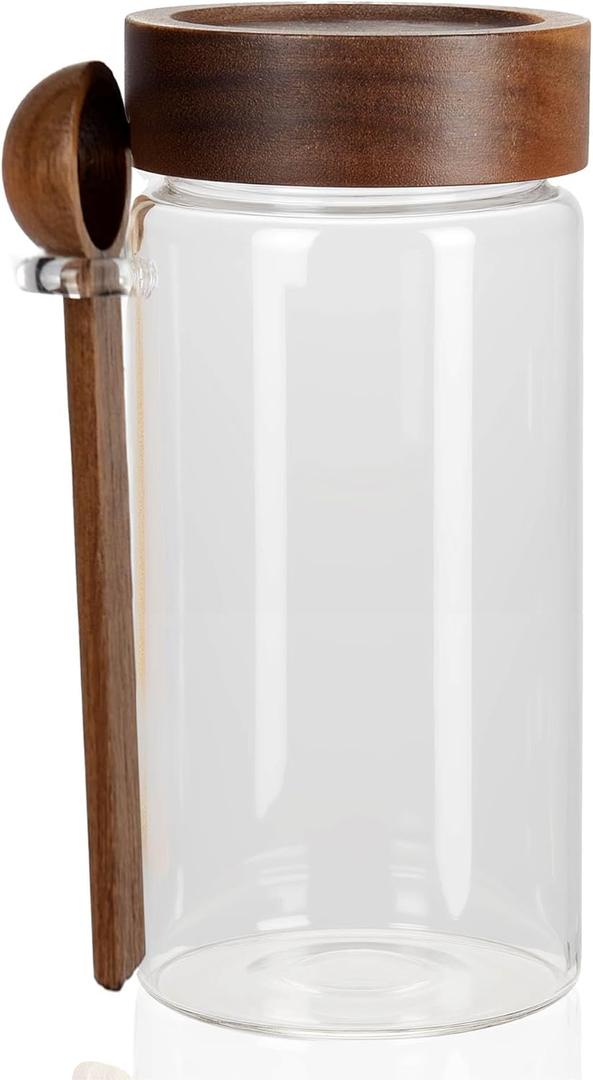 28 oz/850 ml Glass Storage Canister with Airtight Wooden Lid, Clear Small Decorative Container Jar with Spoon for Salad Overnight Oats Snacks Yogurt Cereal Fruit Spice Sugar Coffee
