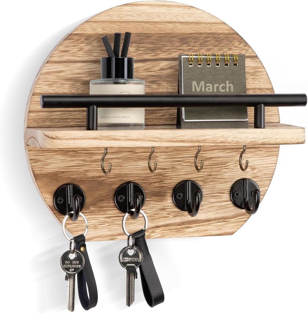 Nekon Key Holder for Wall - 9.8 Inch Apartment Wall Decor with Shelf and 8 Key Hooks, Circular Wood Key Hanger for Home Decor (Wood)