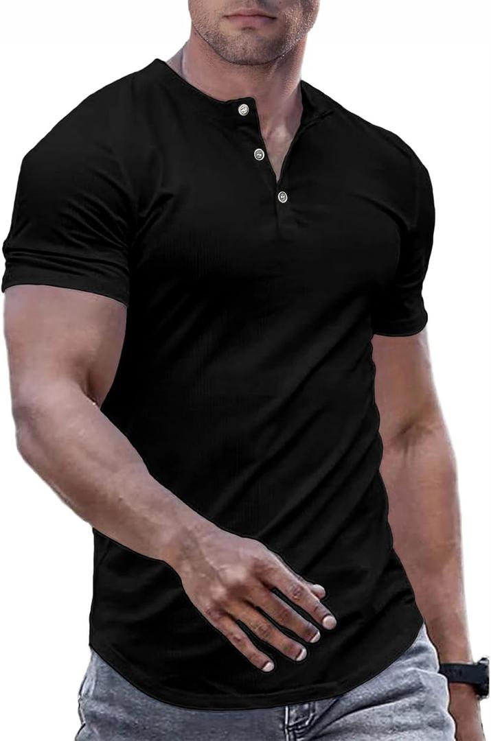 JMIERR Men's Muscle Slim Henley Shirts Crewneck Longline T-Shirt Gym Workout Athletic Shirt Tees with Button (Large, 02 Black)