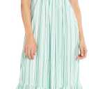 London Times Women's Cotton Smocked Back Babydoll Tiered Maxi Dress (12, Striped - Teal/White)