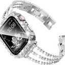 Surace Compatible with Apple Watch Bands 41mm for Women Series 9 8 7, Bling Diamond Rhinestone Link Bracelet with 2 in 1 Waterproof Bling Case Lace Edge Diamond Protective Bumper Face Cover, Silver